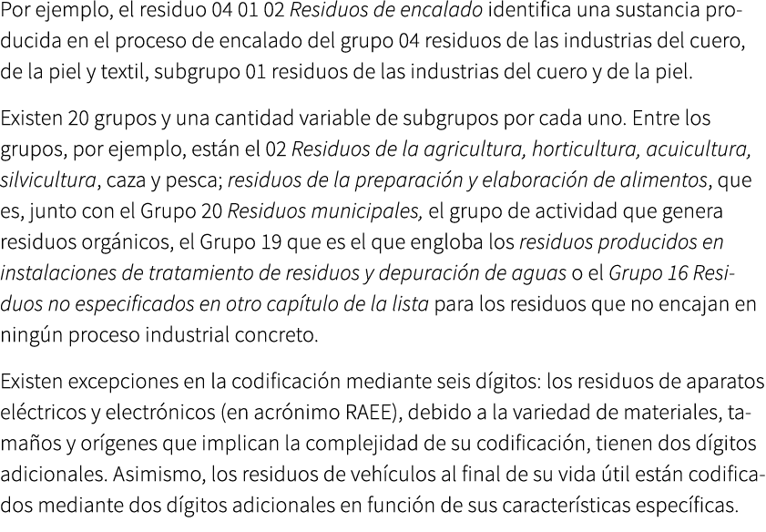 Por ejemplo, el residuo 04 01 02 Residuos de encalado identifica una sustancia producida en el proceso de encalado de...