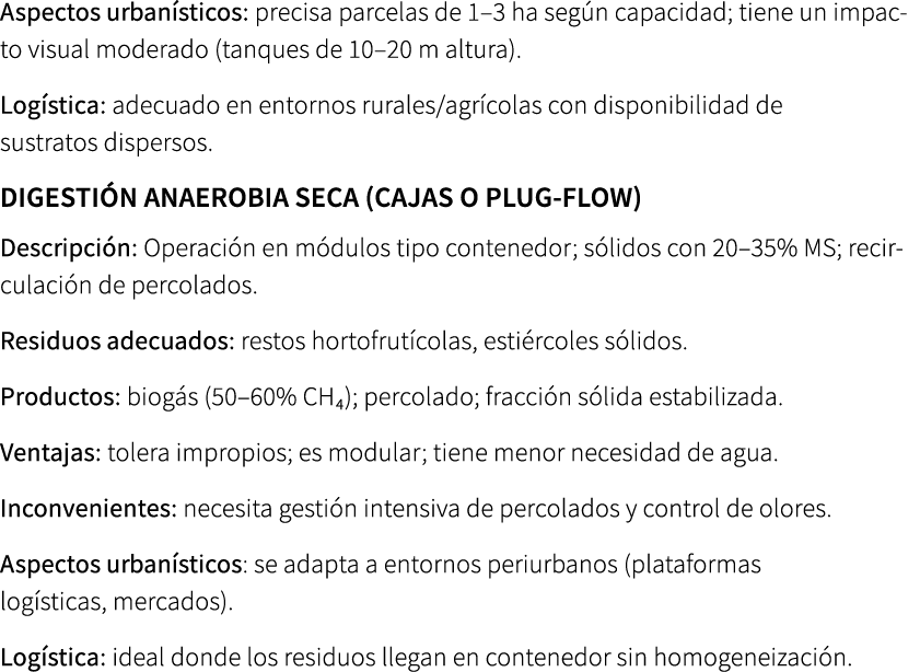 Aspectos urban sticos: precisa parcelas de 1–3 ha seg n capacidad; tiene un impacto visual moderado (tanques de 10–20...